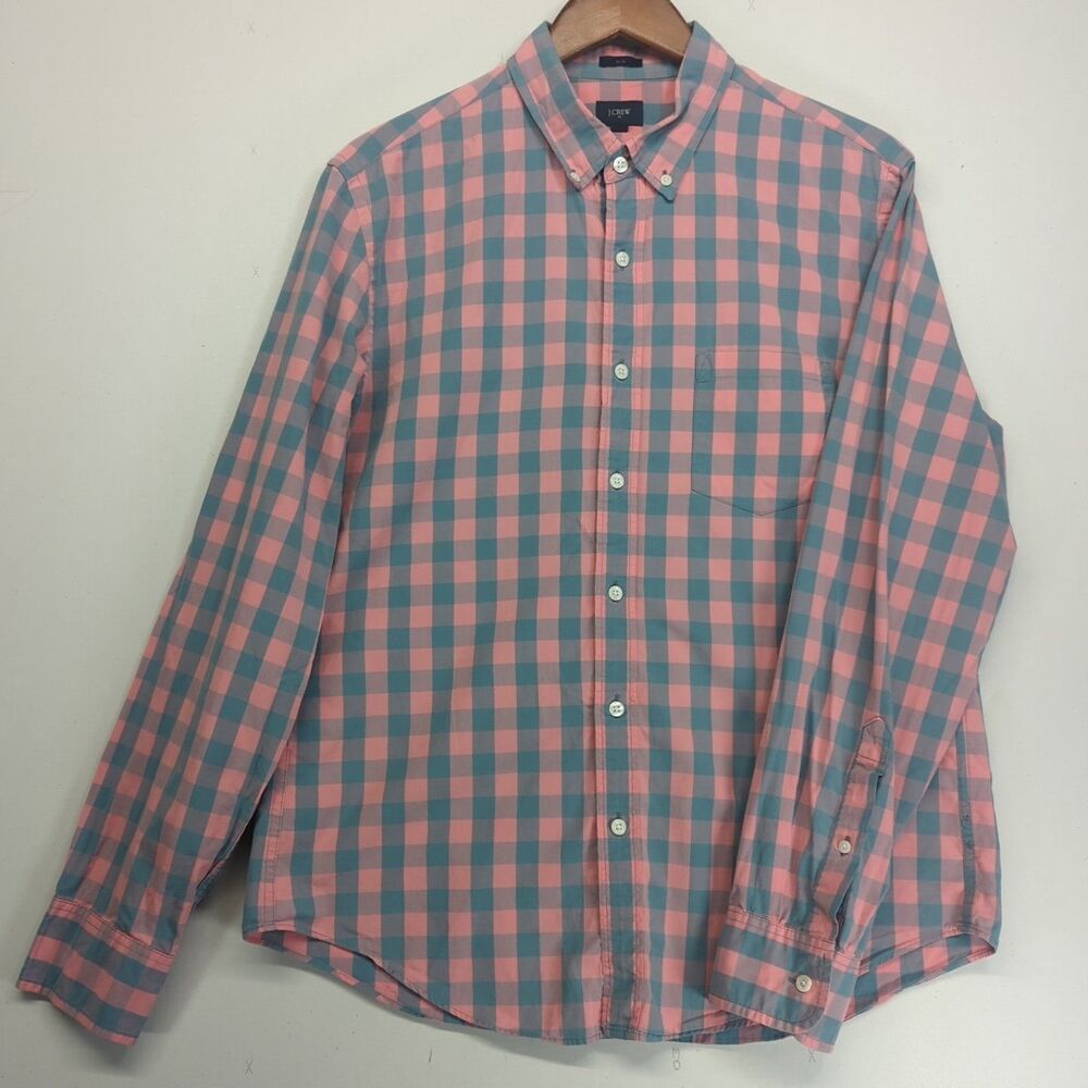 J Crew Slim Fit Button Down Long Sleeve Cotton Shirt Pink Teal Check Large L
